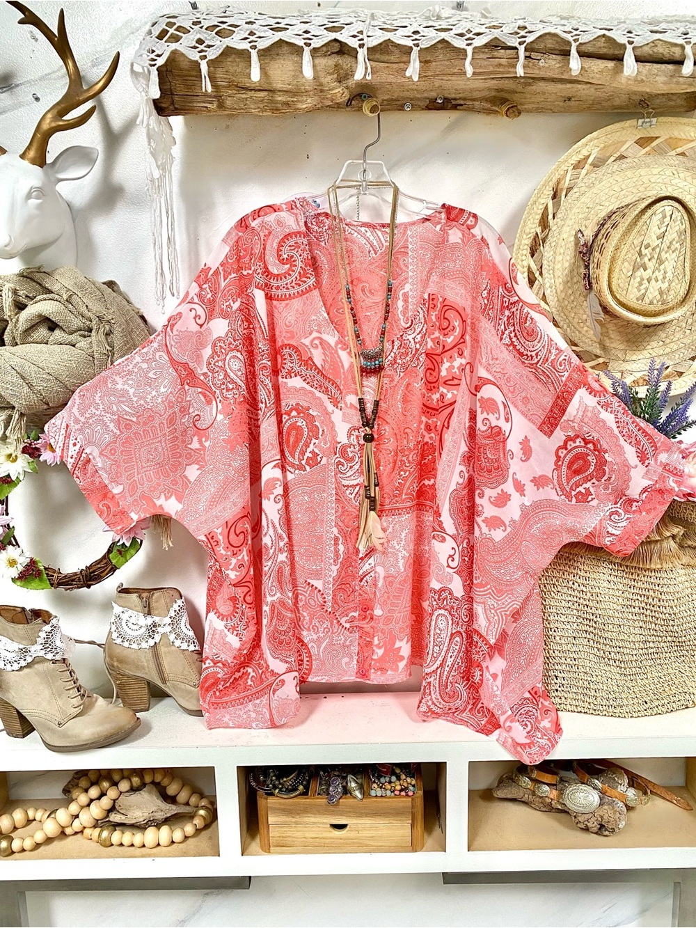 Gypsy paisley kimono blouse w resort vacay beach hippy vibe